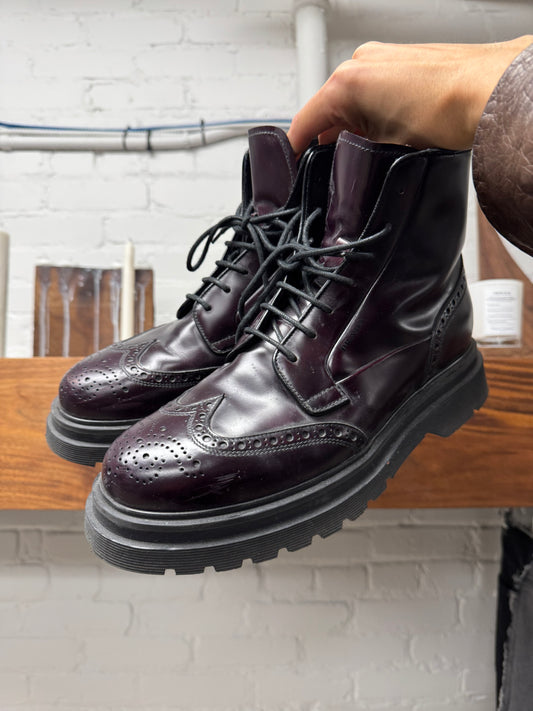 Prada ‘Spazzolato’ Brogue Dark Purple Leather Ankle Boots