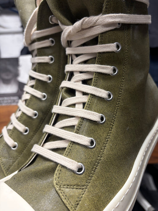 AW2024 Rick Owens ‘Porterville’ Waxed ‘Khaki’ Ramones High Top Sneakers