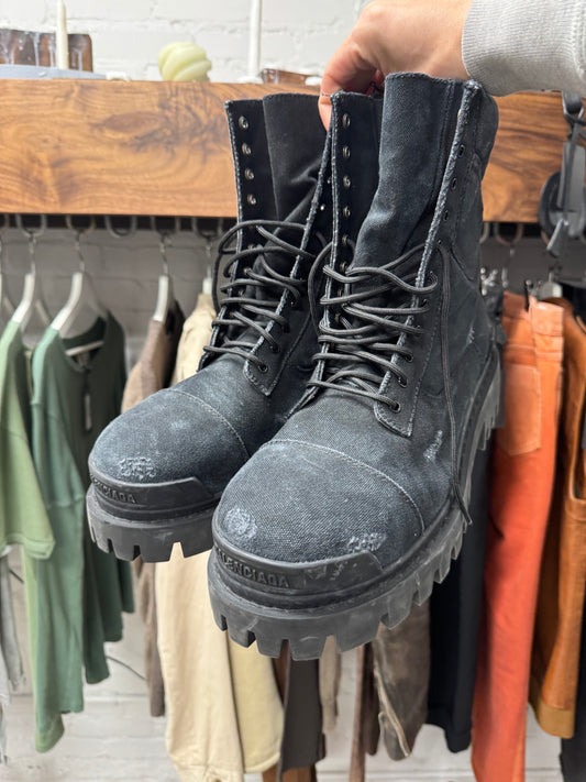 Balenciaga Black Distressed Canvas ‘Strike’ Combat Boots