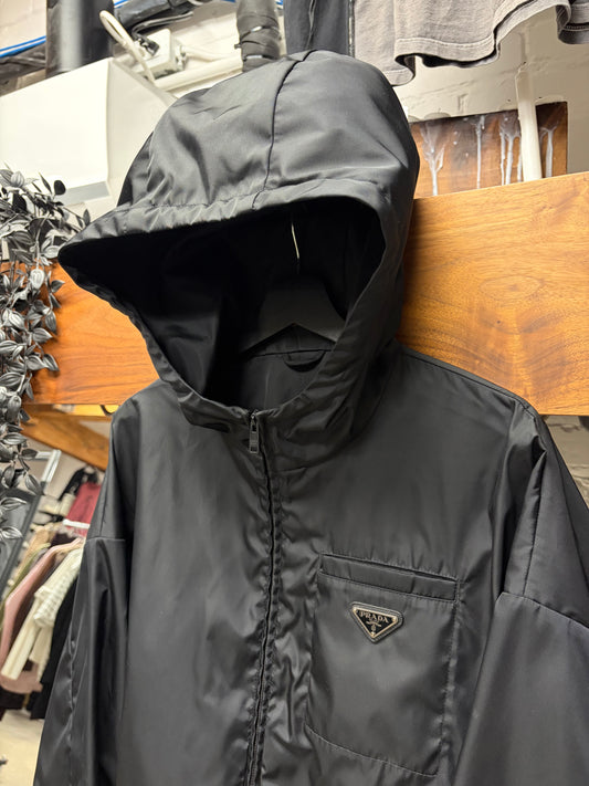Prada Saffiano Logo Cropped Black Nylon Hooded Windbreaker