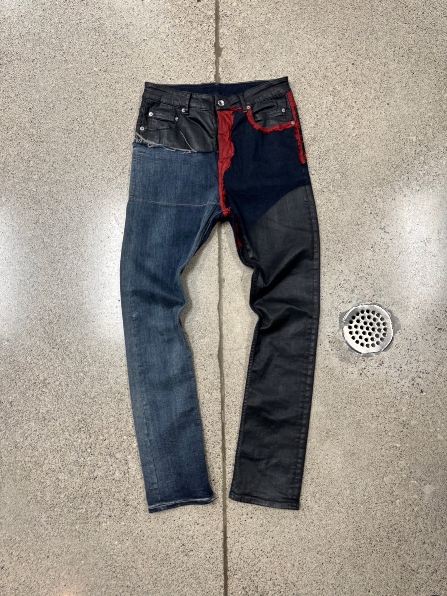 Rick Owens DRKSHDW Red/Black Waxed ‘Detroit’ Cut Hybrid Denim