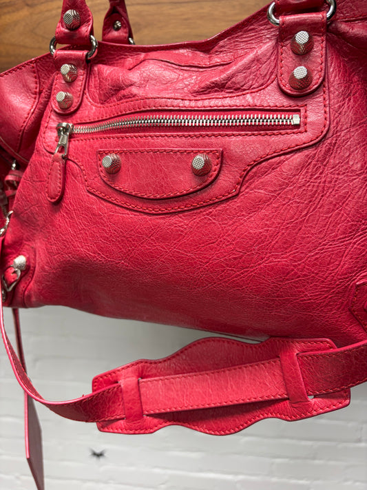 Balenciaga Crimson Red ‘City Bag’ Silver Hardware With Shoulder Strap