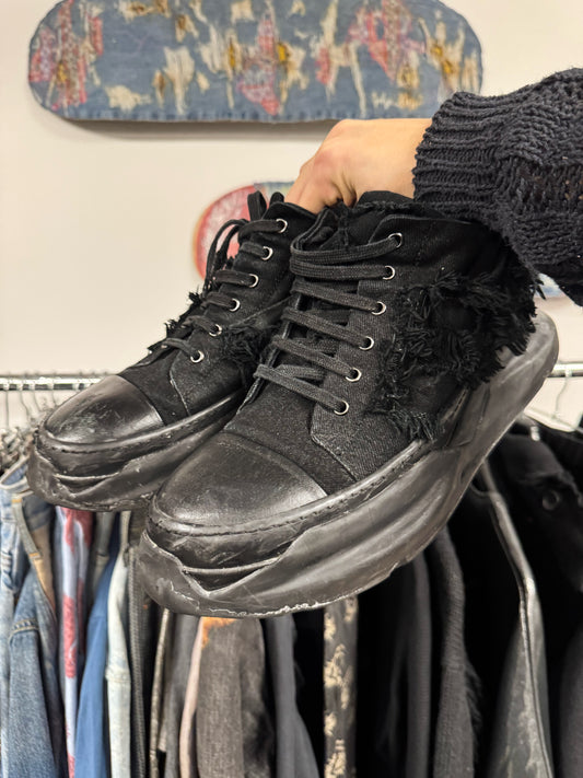 Rick Owens ‘Abstract’ Shredded Denim Low Top Sneakers