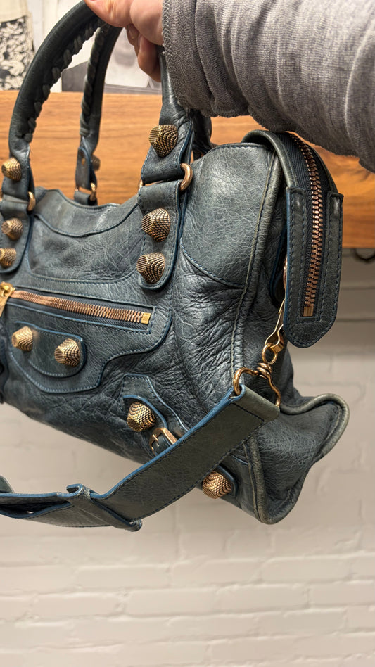 Balenciaga Anthracite Lambskin Leather ‘City Bag’ with Crossbody Strap