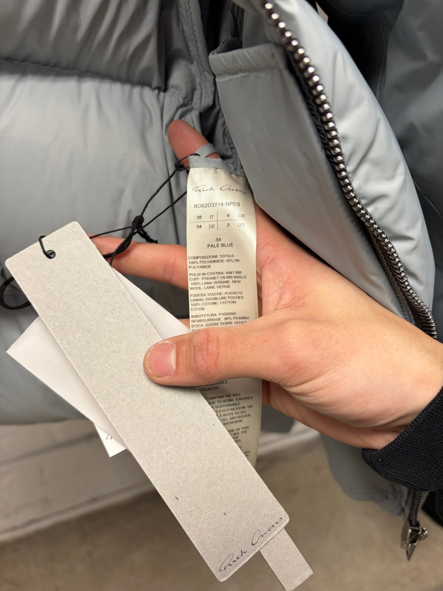 AW2024 Rick Owens ‘Porterville’ Pale Blue Scarf Wrapped Down Fill Puffer Jacket