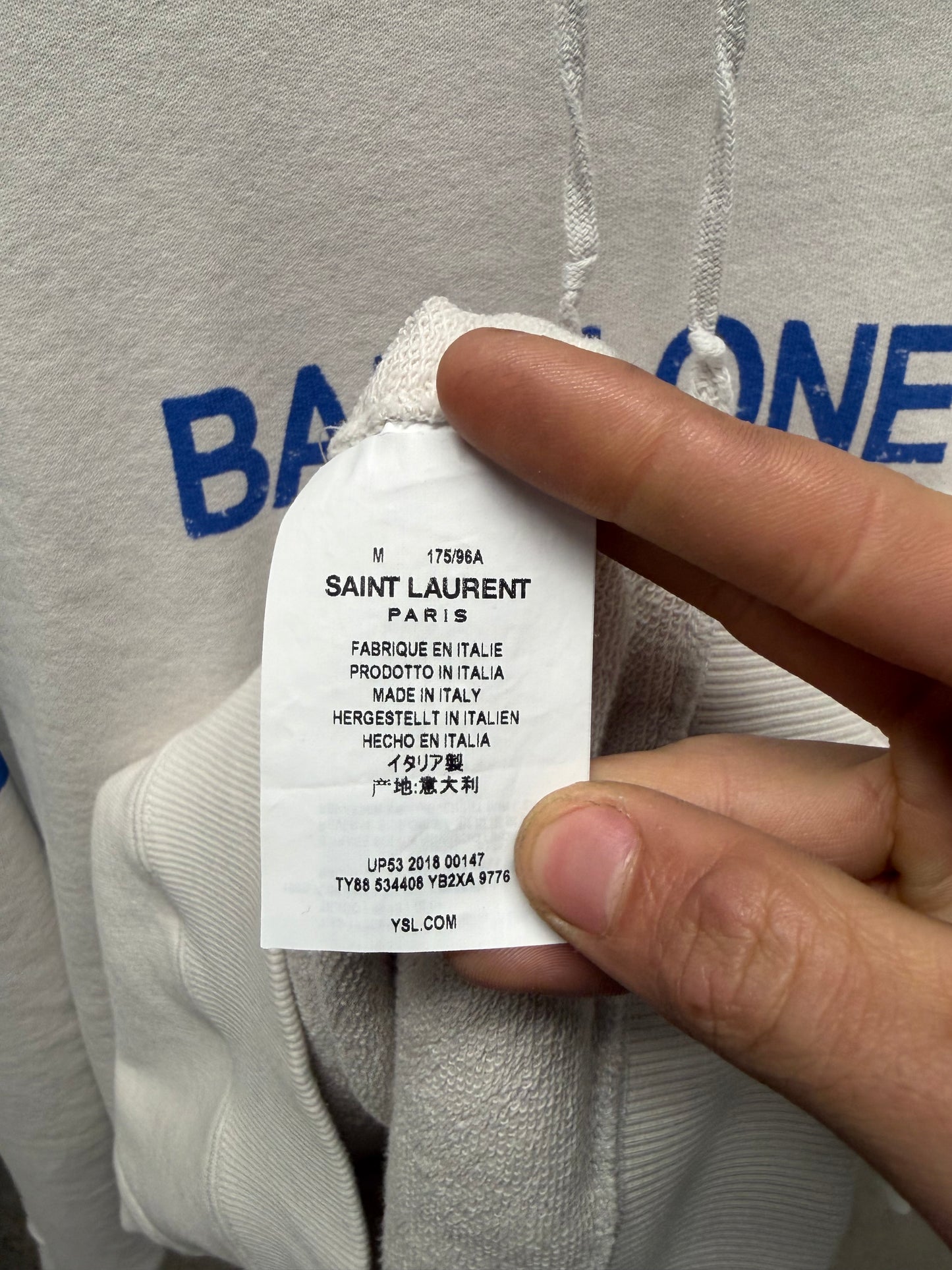 AW2018 Saint Laurent ‘Babylone’ Jersey White Drawstring Hoodie