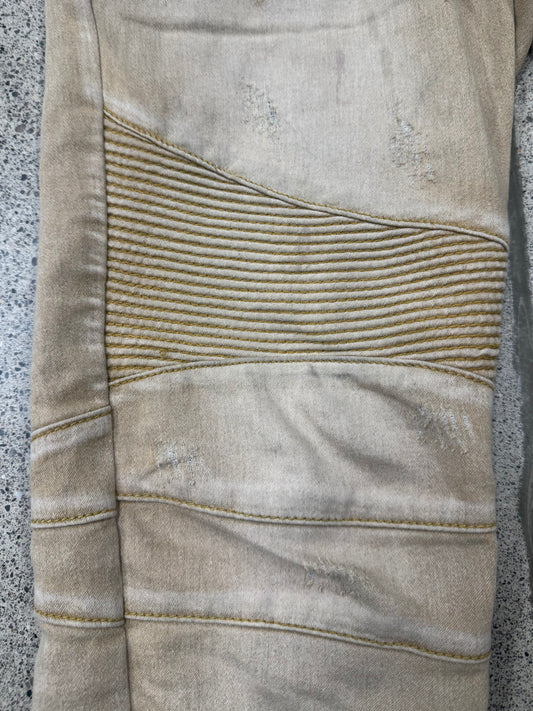 Balmain Tan Brown ‘Biker Knee’ Slim Cut Denim