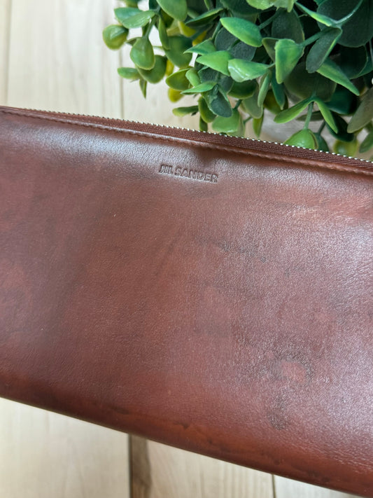 Jil Sander Embossed Logo Brown Leather Long Wallet