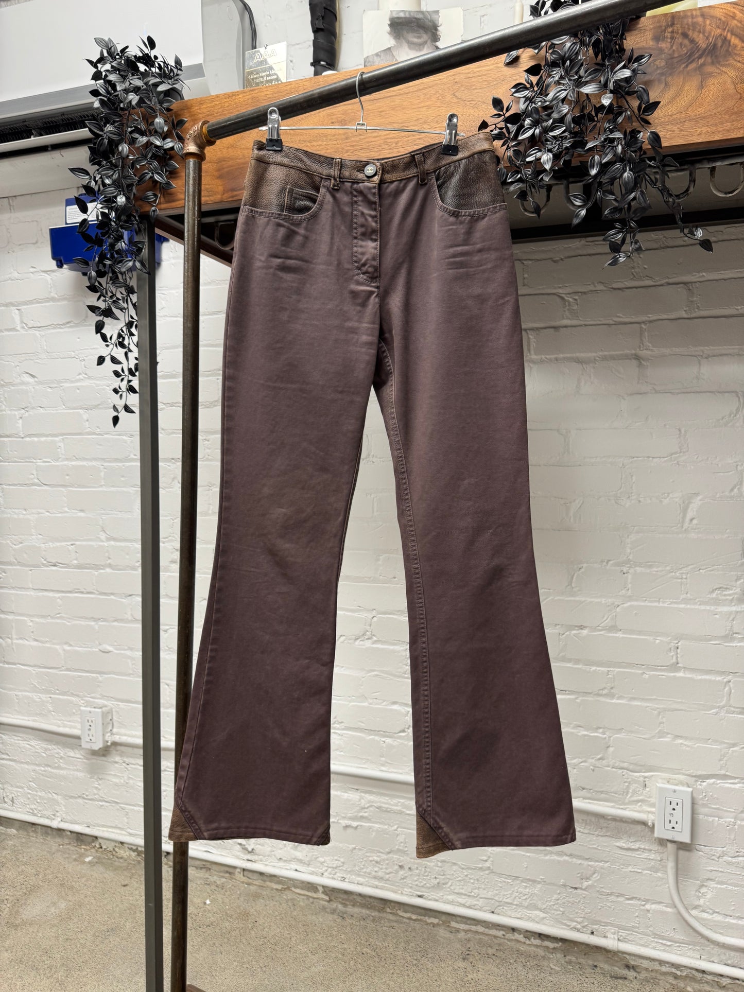 AW2001 Chanel ‘Leather Insert’ Low Rise Brown Flared Denim