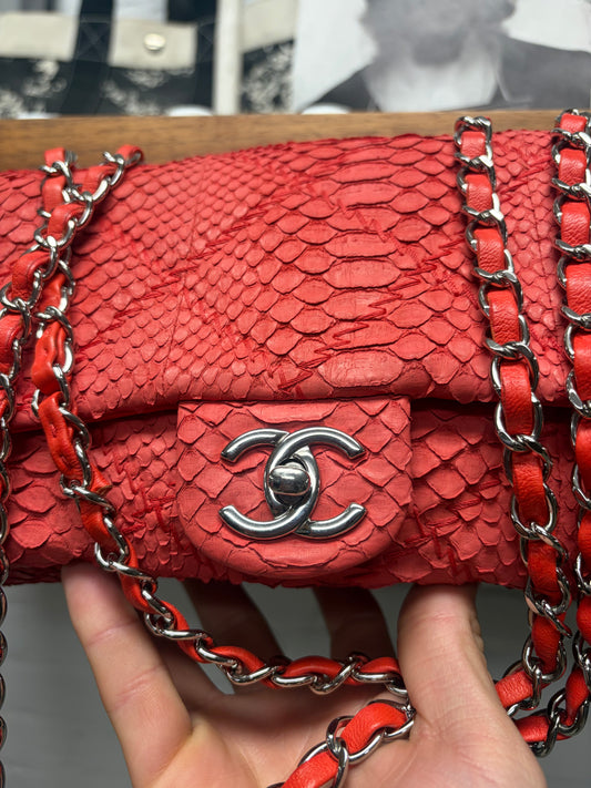 Chanel Red Python Leather Classic ‘Flap Bag’ with Silver Hardware
