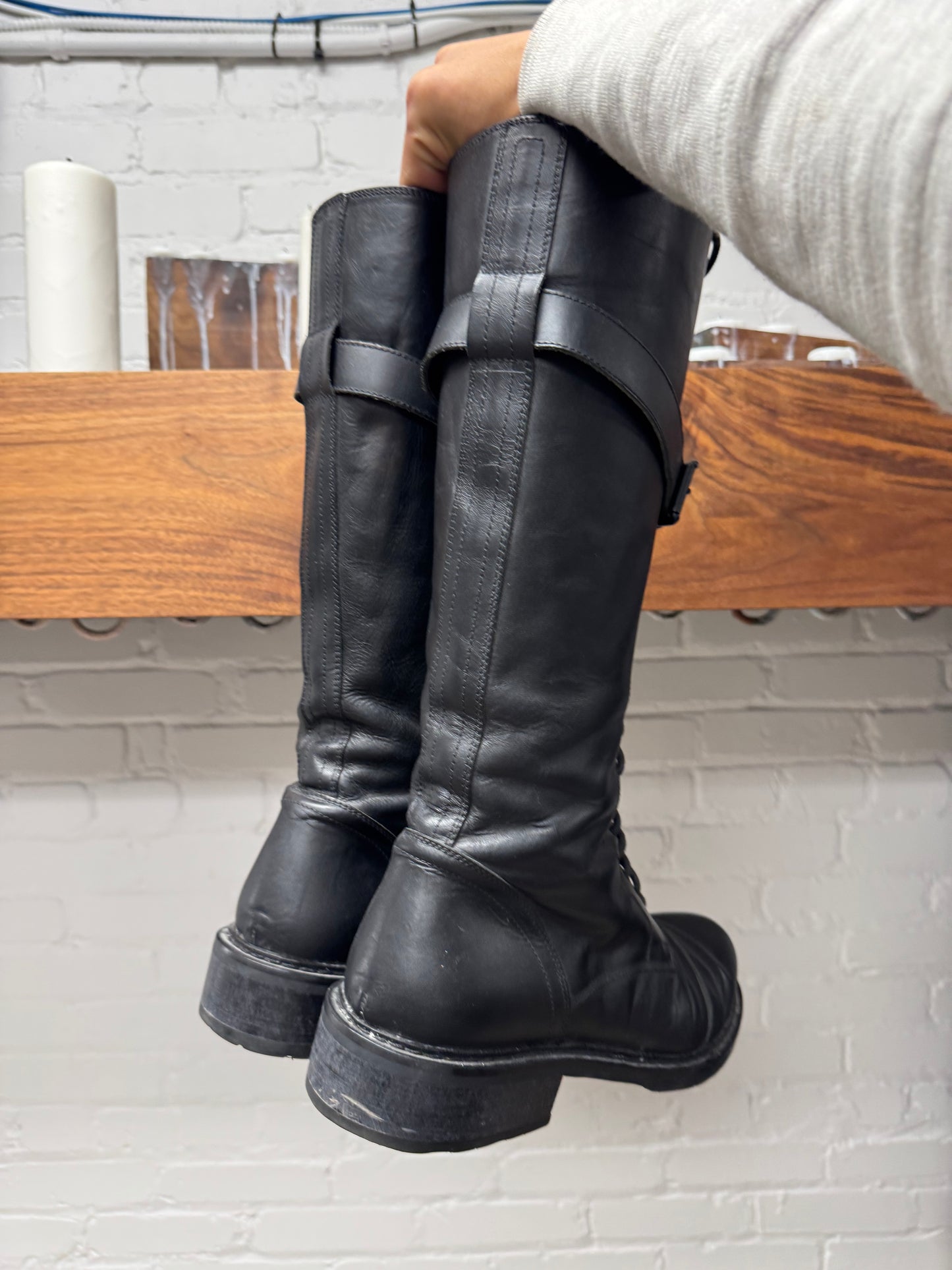 Ann Demeulemeester ‘Danny’ Knee High Calfskin Leather Combat Boots