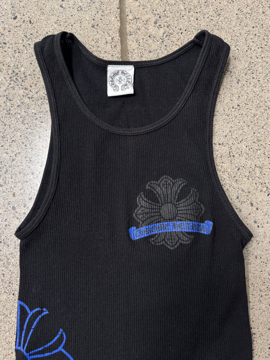 Chrome Hearts Blue Plus Cross Ribbed Black Tank Top