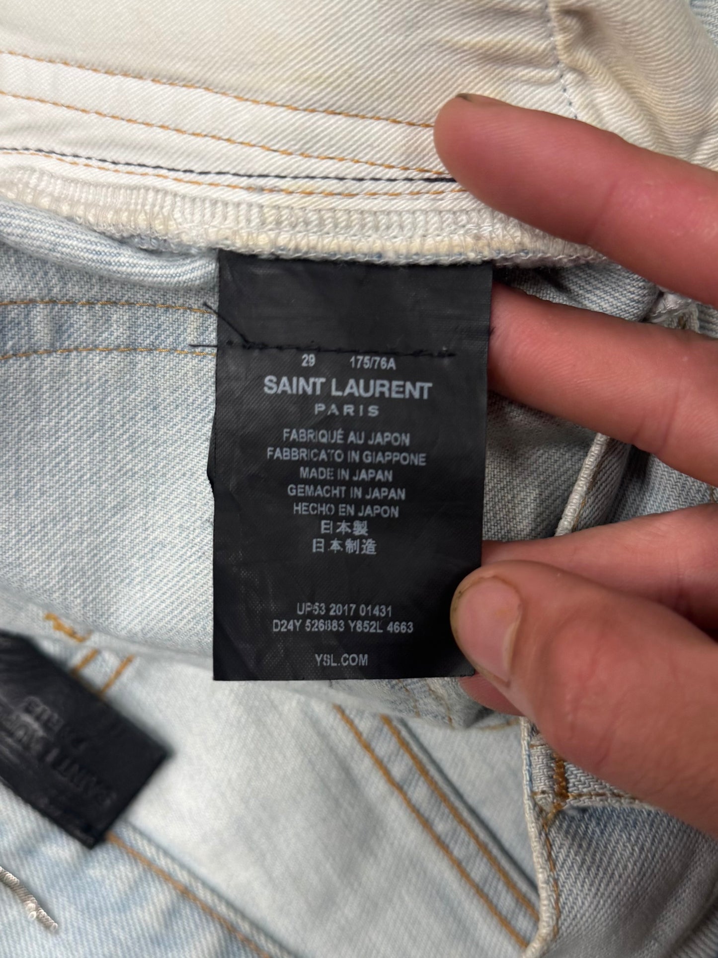 SS2017 Saint Laurent ‘Pocket Logo’ Light Wash Blue Skinny Jeans