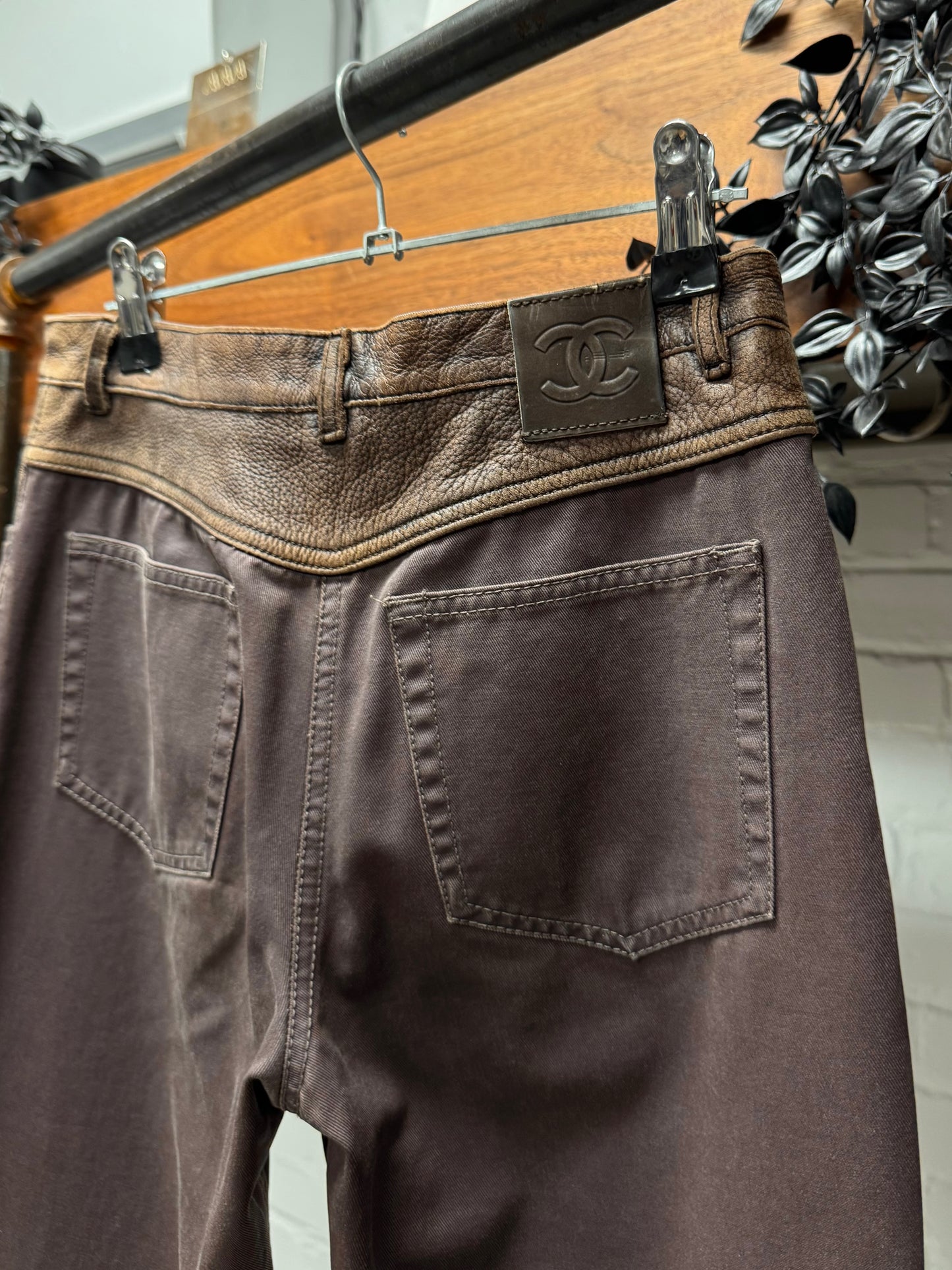 AW2001 Chanel ‘Leather Insert’ Low Rise Brown Flared Denim