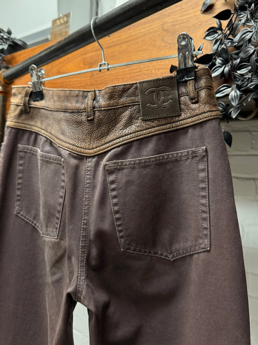 AW2001 Chanel ‘Leather Insert’ Low Rise Brown Flared Denim