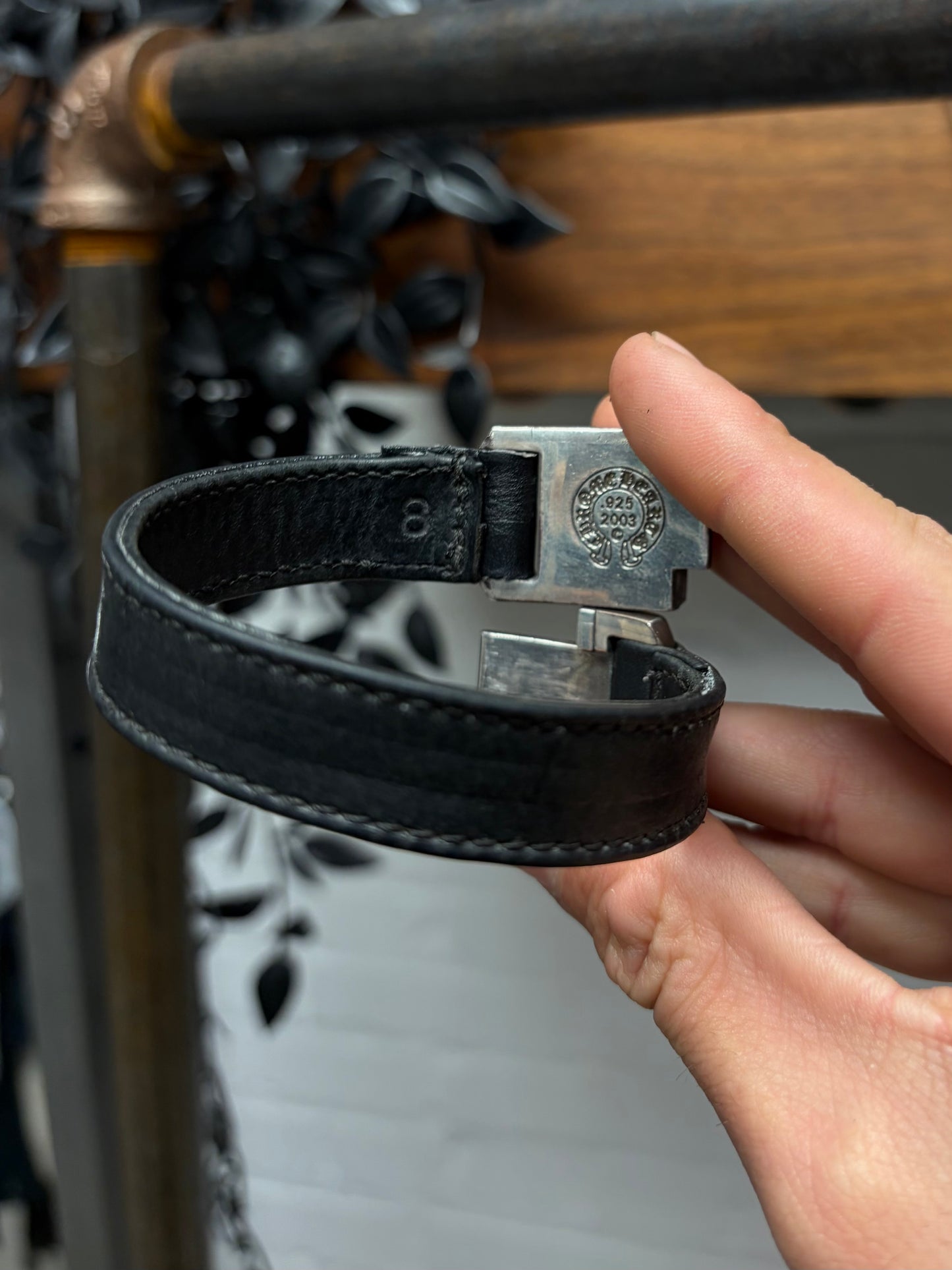 Chrome Hearts 925 Silver ‘Plus Cross’ Harness Leather Bracelet