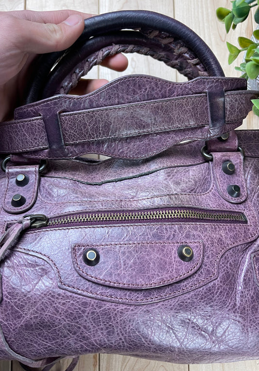 Balenciaga ‘Twiggy’ Purple Calfskin Leather Shoulder/Top Handle City Bag