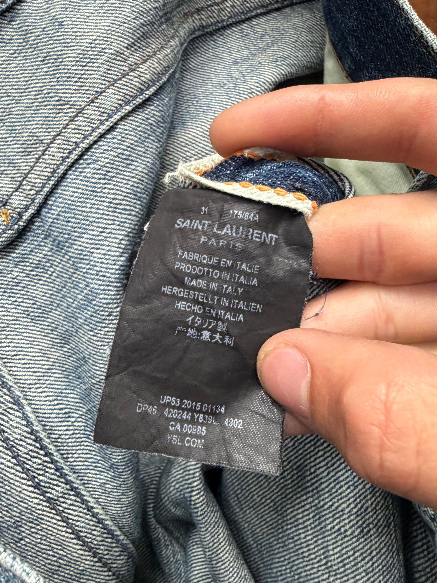 2015 Saint Laurent by Hedi Slimane Distressed Blue Skinny Jeans