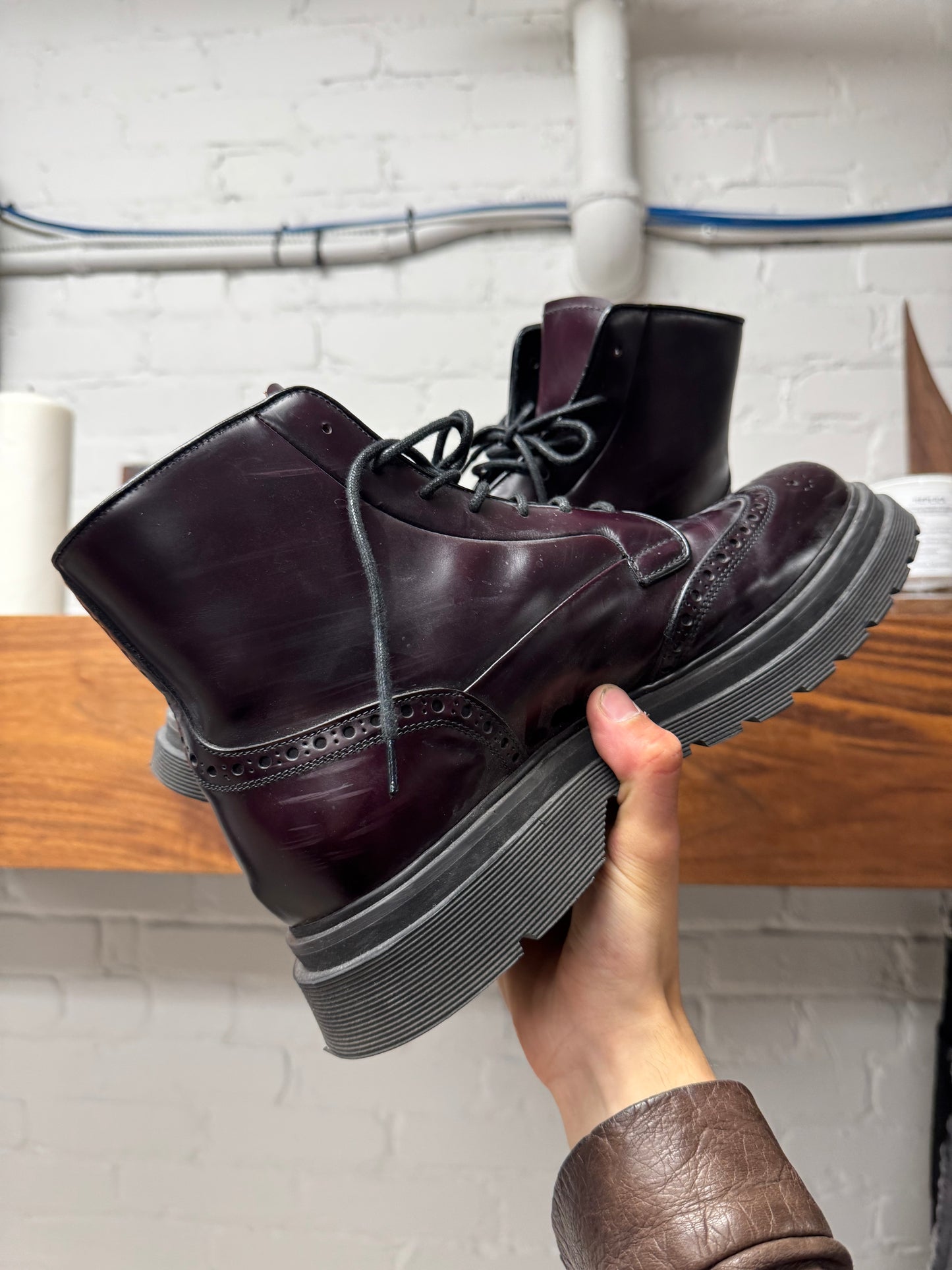 Prada ‘Spazzolato’ Brogue Dark Purple Leather Ankle Boots