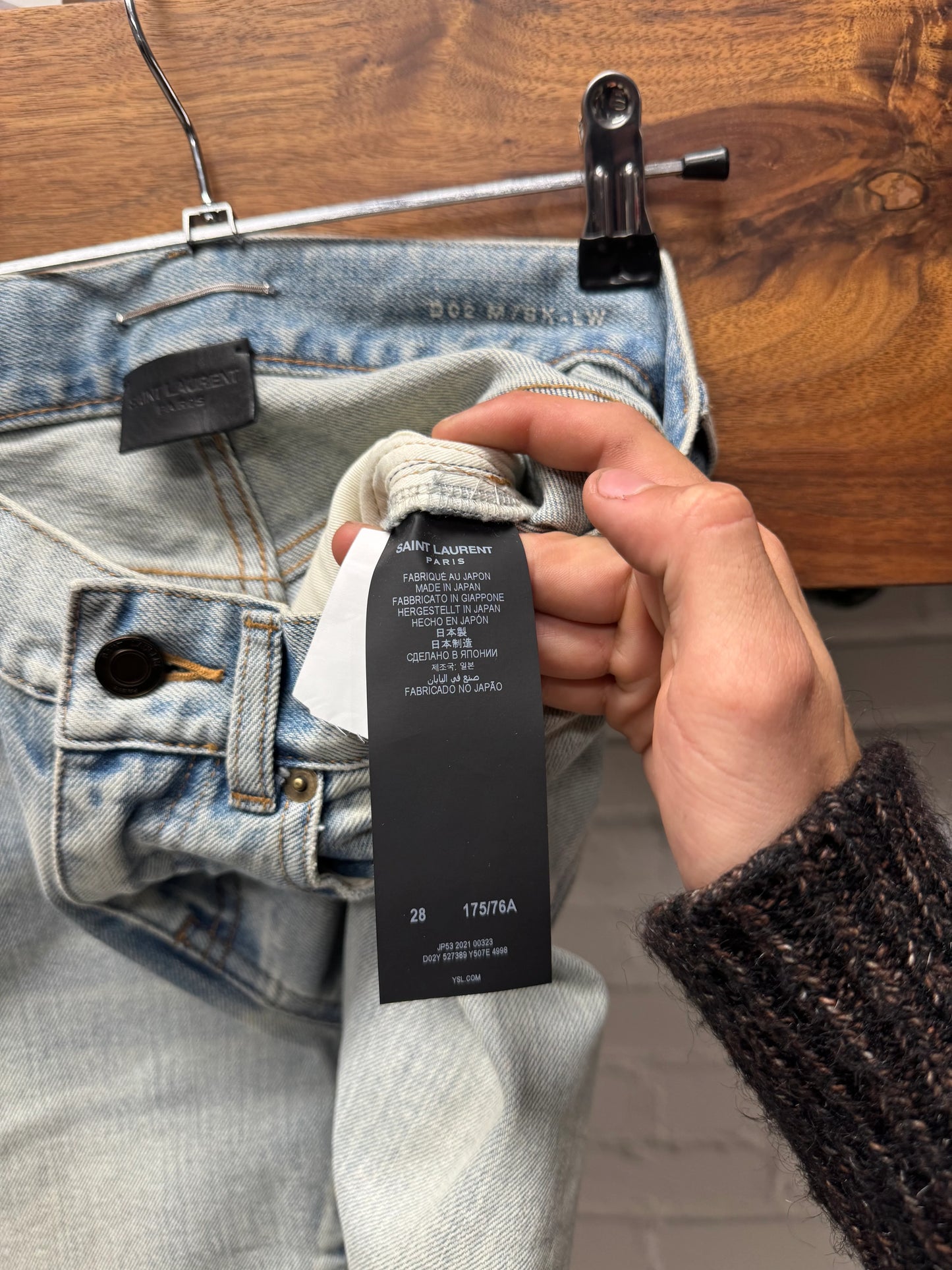 2021 Saint Laurent ‘D02’ Light Wash Distressed Skinny Jeans