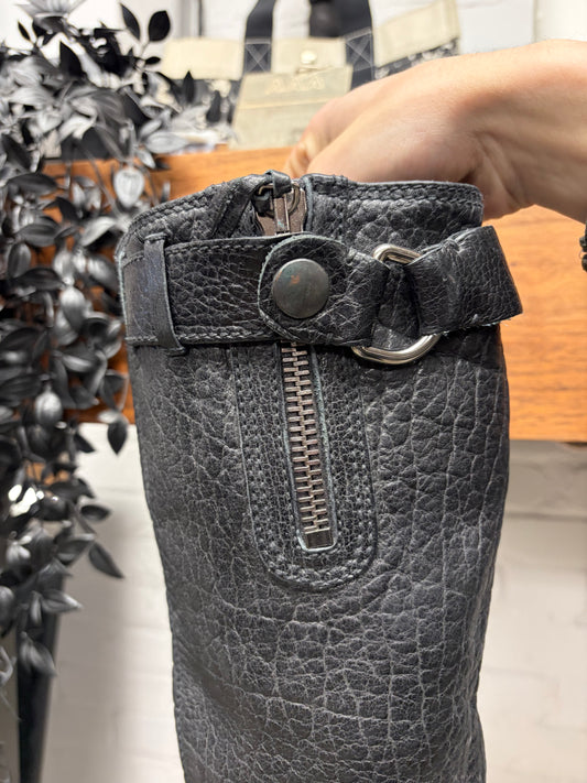 2000s Miu Miu Tumbled Black Calfskin Leather Mid Length Boots