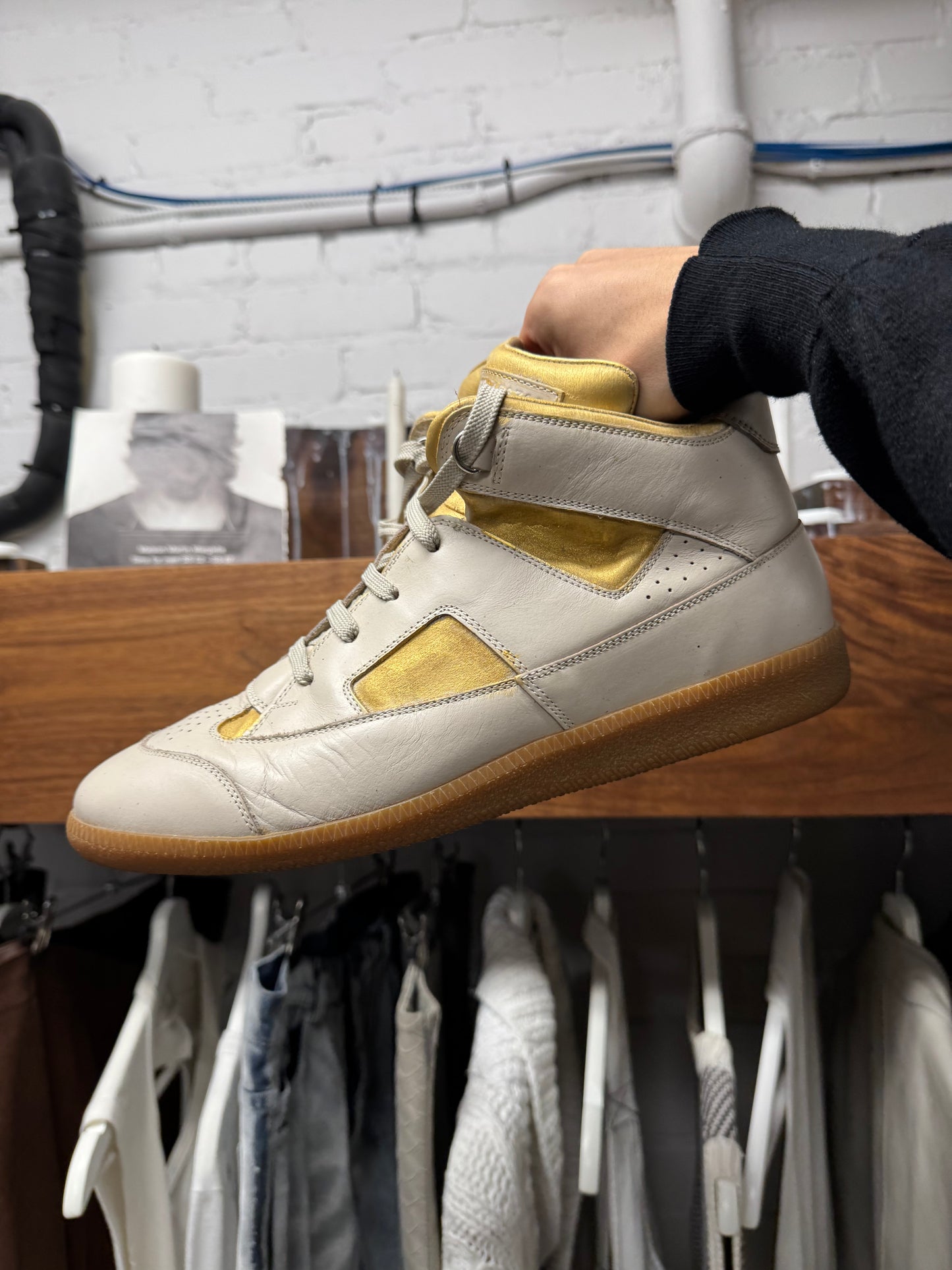 Maison Margiela ‘G.A.T.’ White/Gold Leather High Top Sneakers