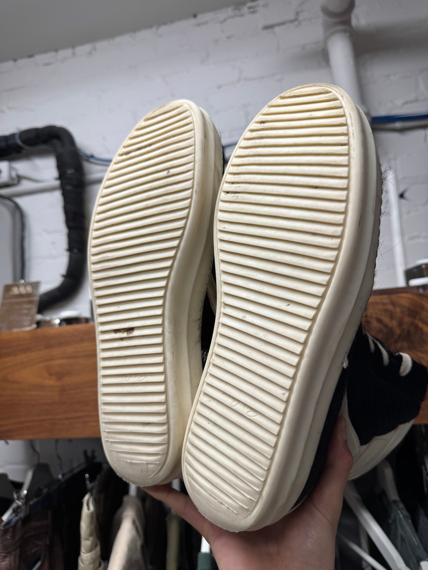 Rick Owens ‘Pony Hair’ Black/Milk ‘Geobasket’ High Top Sneakers