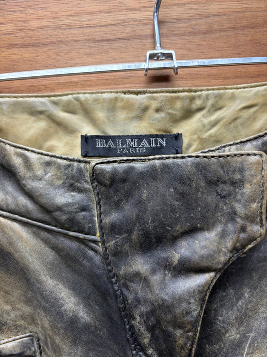 Balmain ‘Oil Spill’ Waxed Leather Biker-Knee Skinny Moto Pants