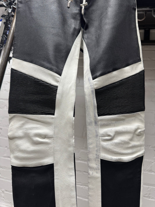 Balmain Pleated Black/White Leather Panelled Biker Pants