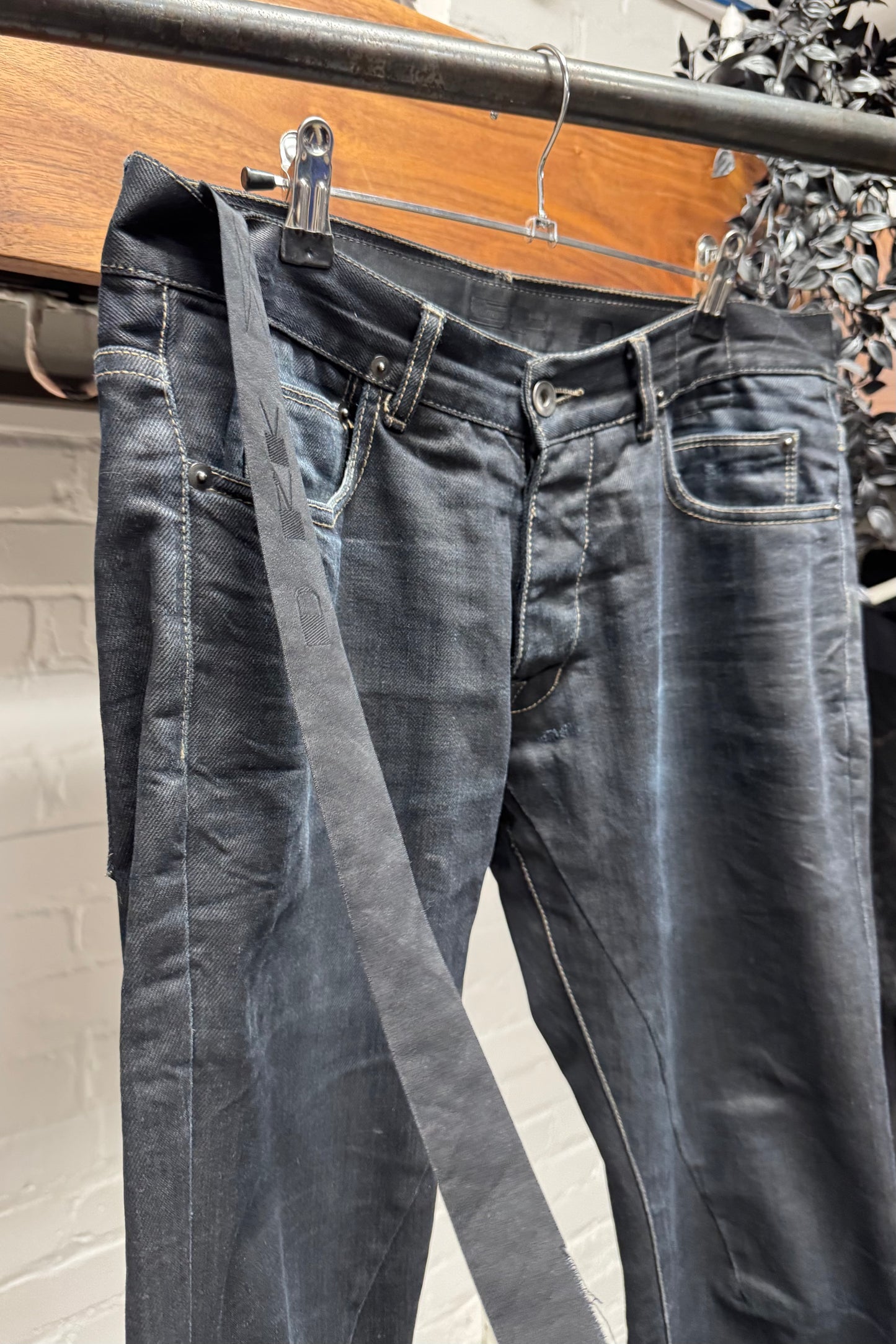 Rick Owens ‘Detroit’ Cut Waxed Raw Hem Denim