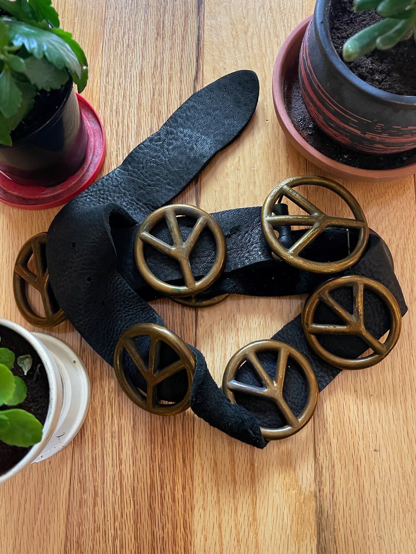 LGB Raw Leather Peace Motif Brass Buckle Belt