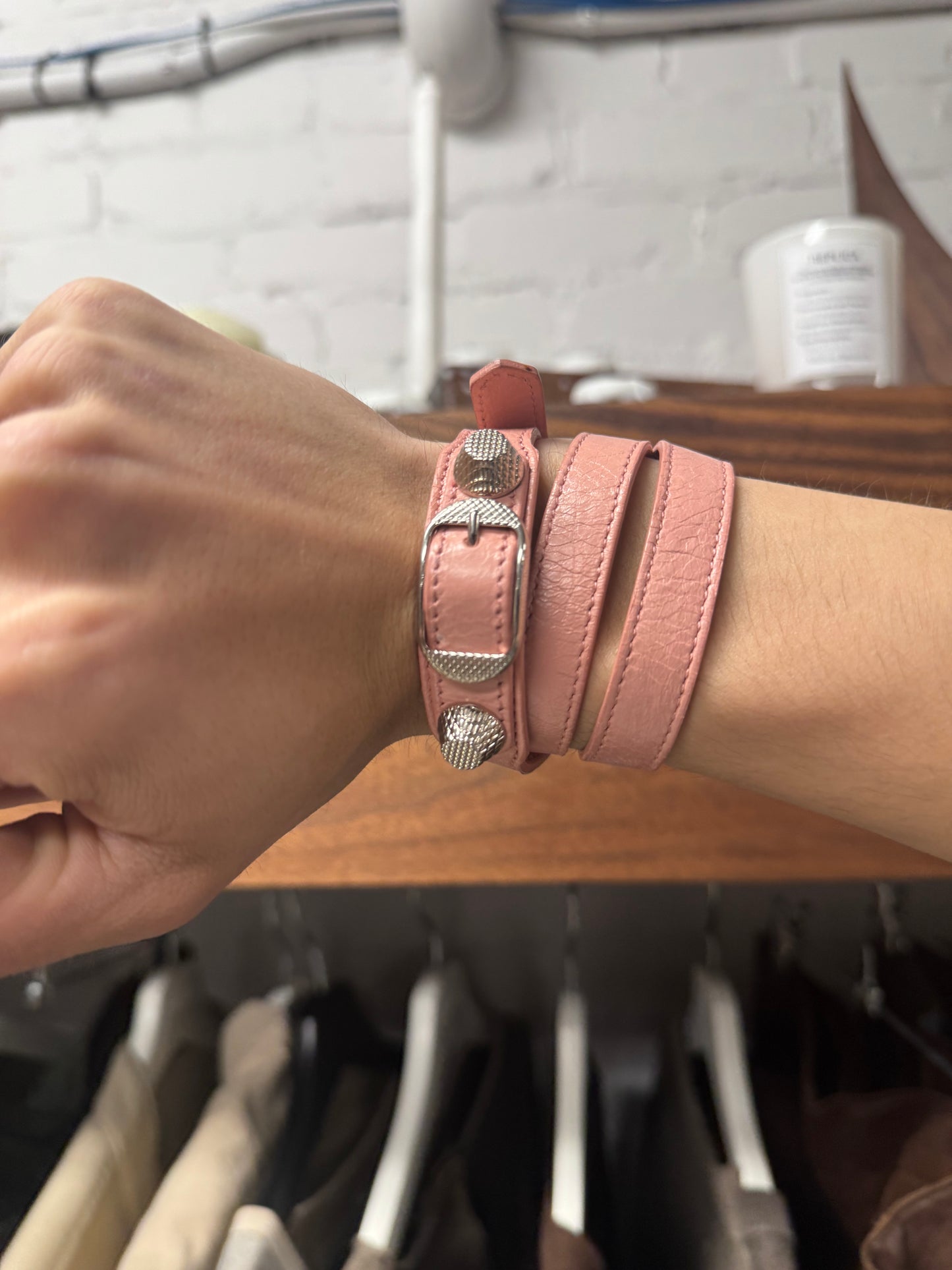Balenciaga ‘Arena’ Pink Triple Wrap Leather Stud Bracelet