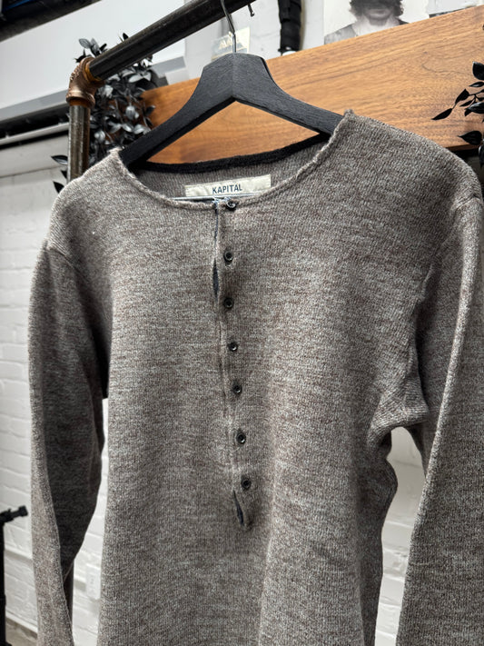 Kapital Speckled Brown Wool ‘Henley’ Long Sleeve Shirt