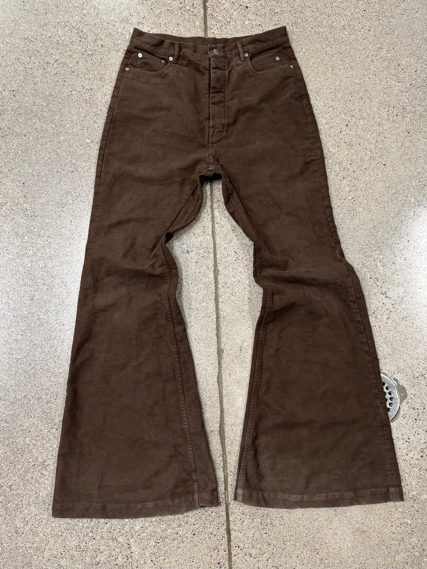 AW2023 Rick Owens ‘Luxor’ Bolans Chocolate Brown Flared Leg Denim