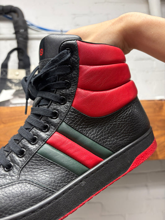 Gucci ‘Ronnie’ Black/Red Stripe Logo Leather High Top Sneakers