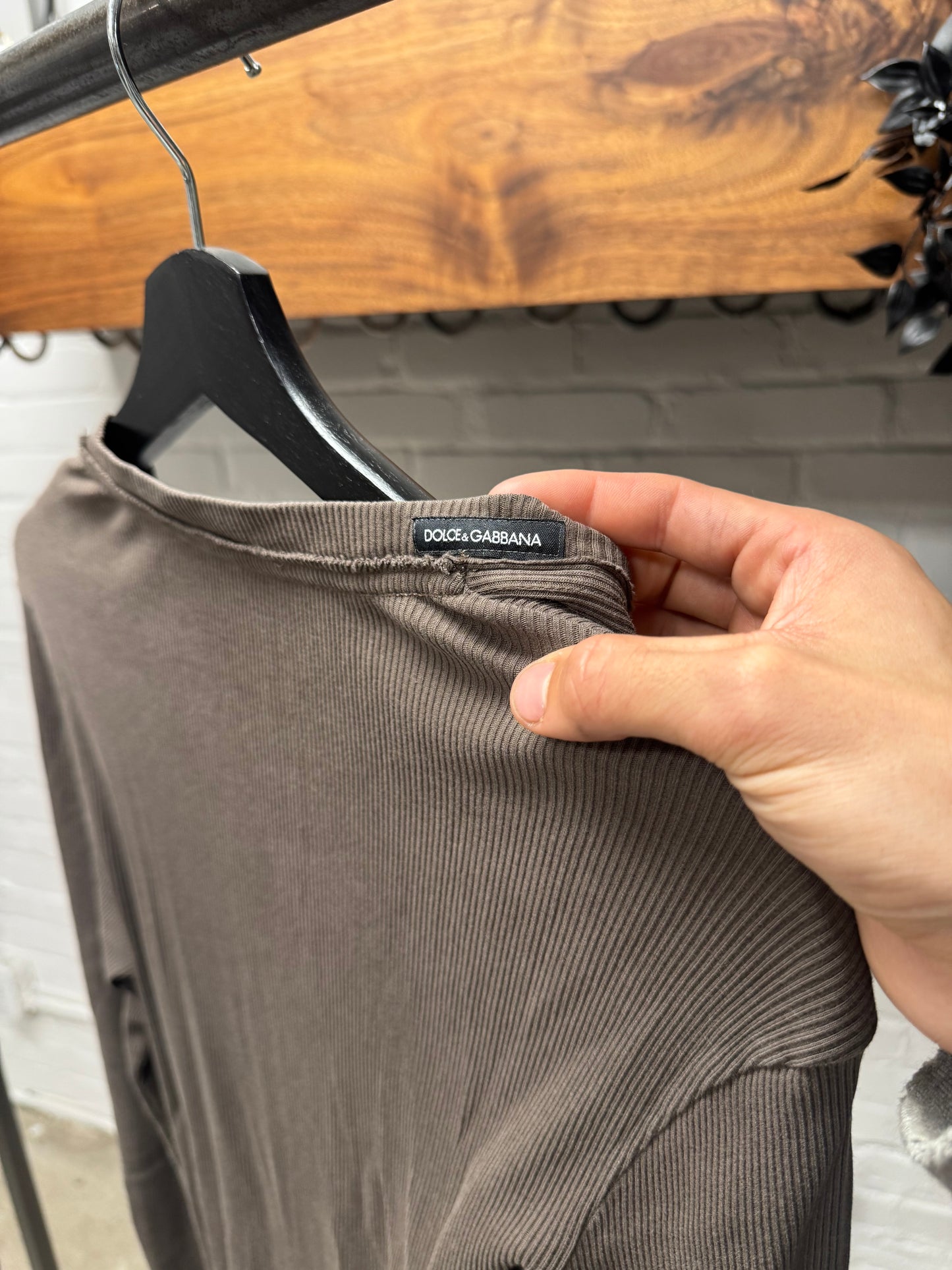 2000s Dolce & Gabbana Ribbed Brown ‘Frayed Cotton’ Henley Long Sleeve
