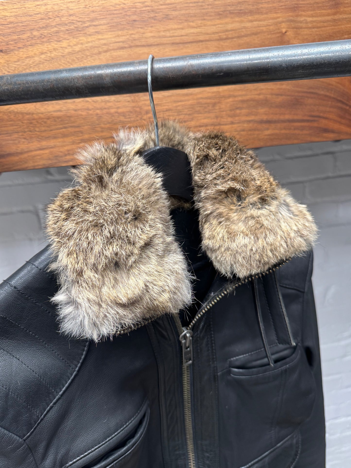 Vintage 90s Maison Martin Margiela ‘Rabbit Fur’ Blank Tag Black Leather Racing Jacket