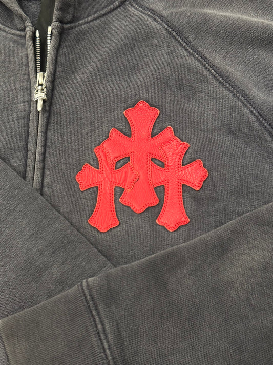 Chrome Hearts ‘Paper Jam’ Leather Cross Patch Sun-Faded Zip Up Hoodie