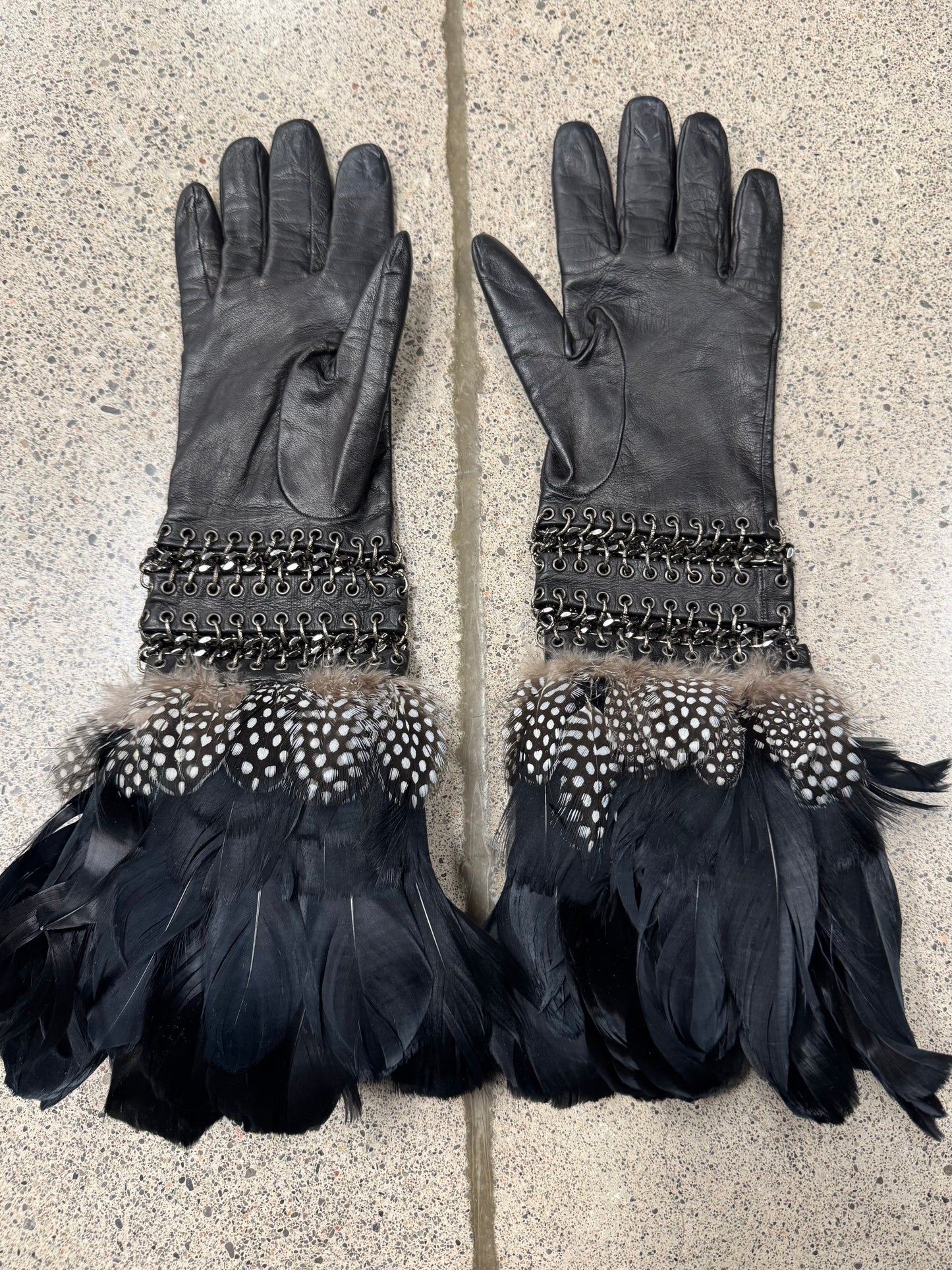Alexander McQueen Genuine Feathers/Chain Mail Leather Gloves