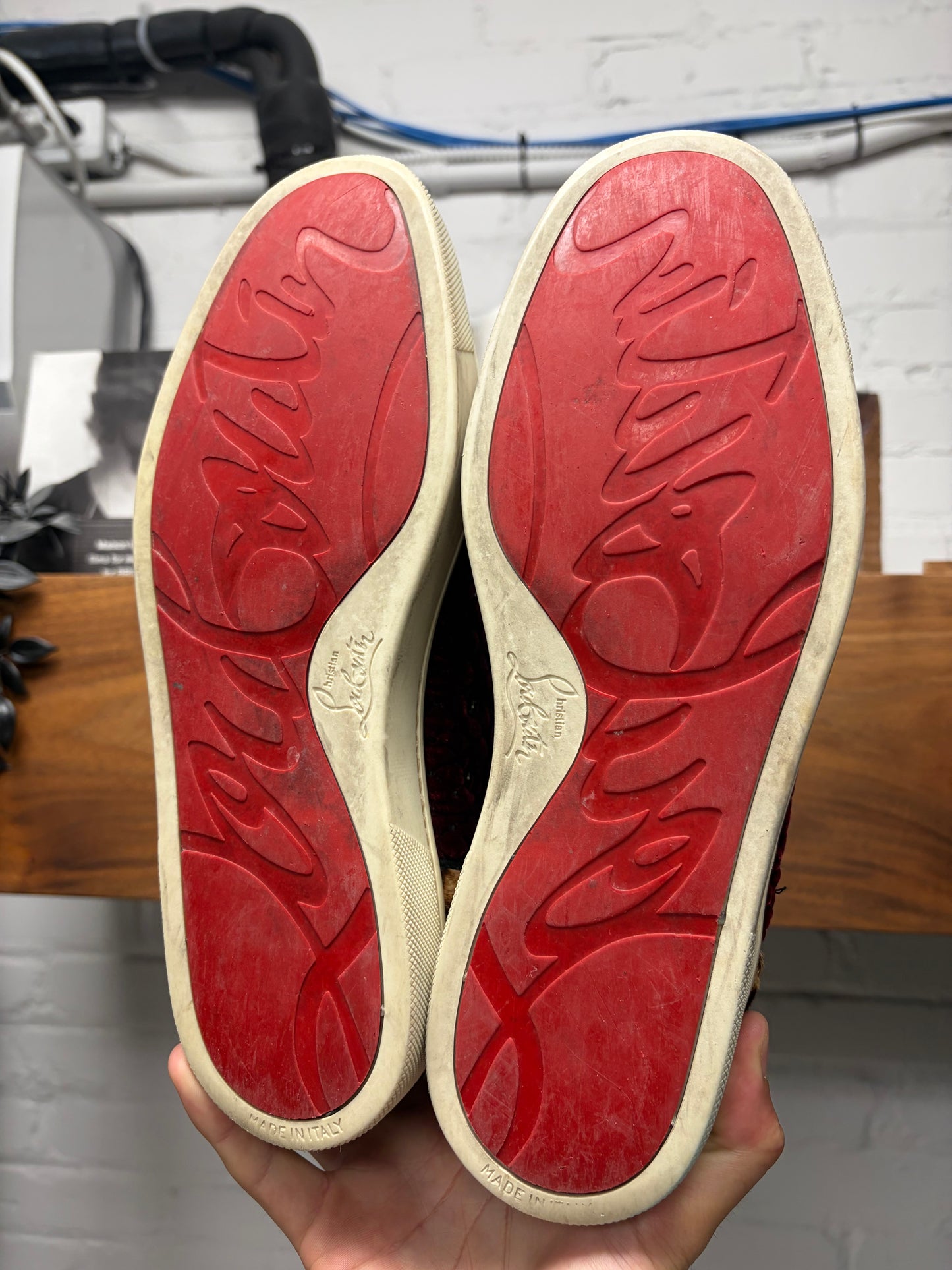 Christian Louboutin Leopard Pony Hair/ Red Velour High Top Sneakers
