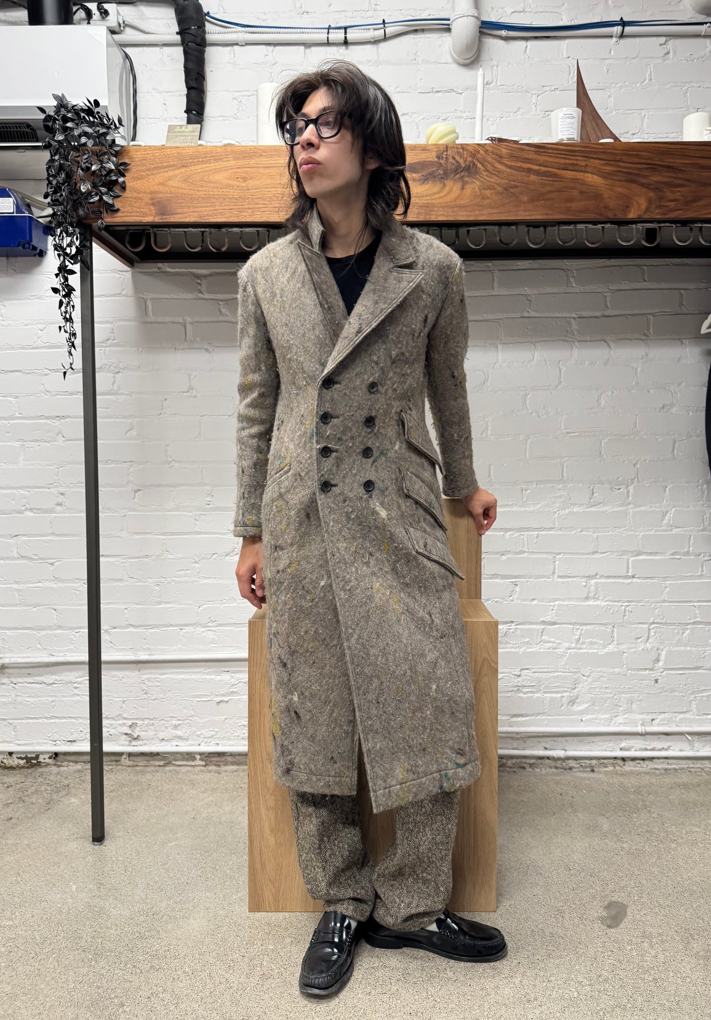 Yohji Yamamoto Noir ‘Felted’ Wool Double Breasted Long Coat