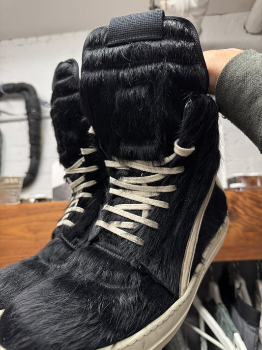 Rick Owens ‘Pony Hair’ Black/Milk ‘Geobasket’ High Top Sneakers