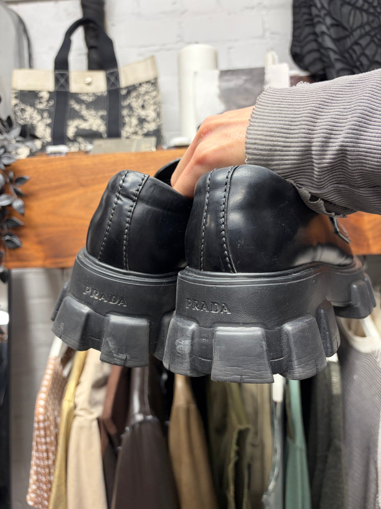 Prada ‘Monolith’ Black Leather Platform Sole Derbies