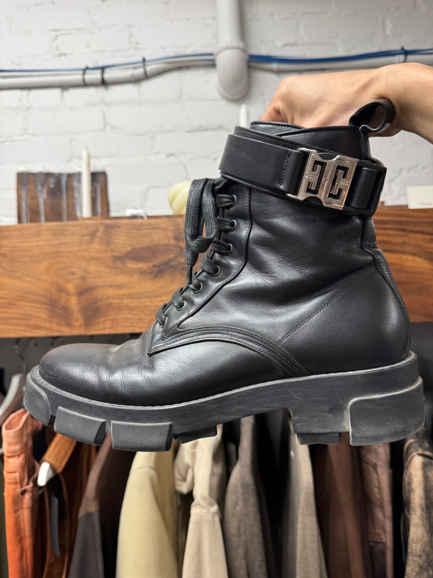 Givenchy ‘Terra’ Black Leather Buckle Combat Boots