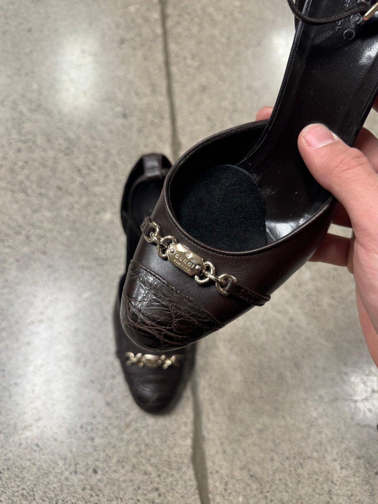 Gucci Brown ‘Bordeaux’ Leather Ankle Strap Heels