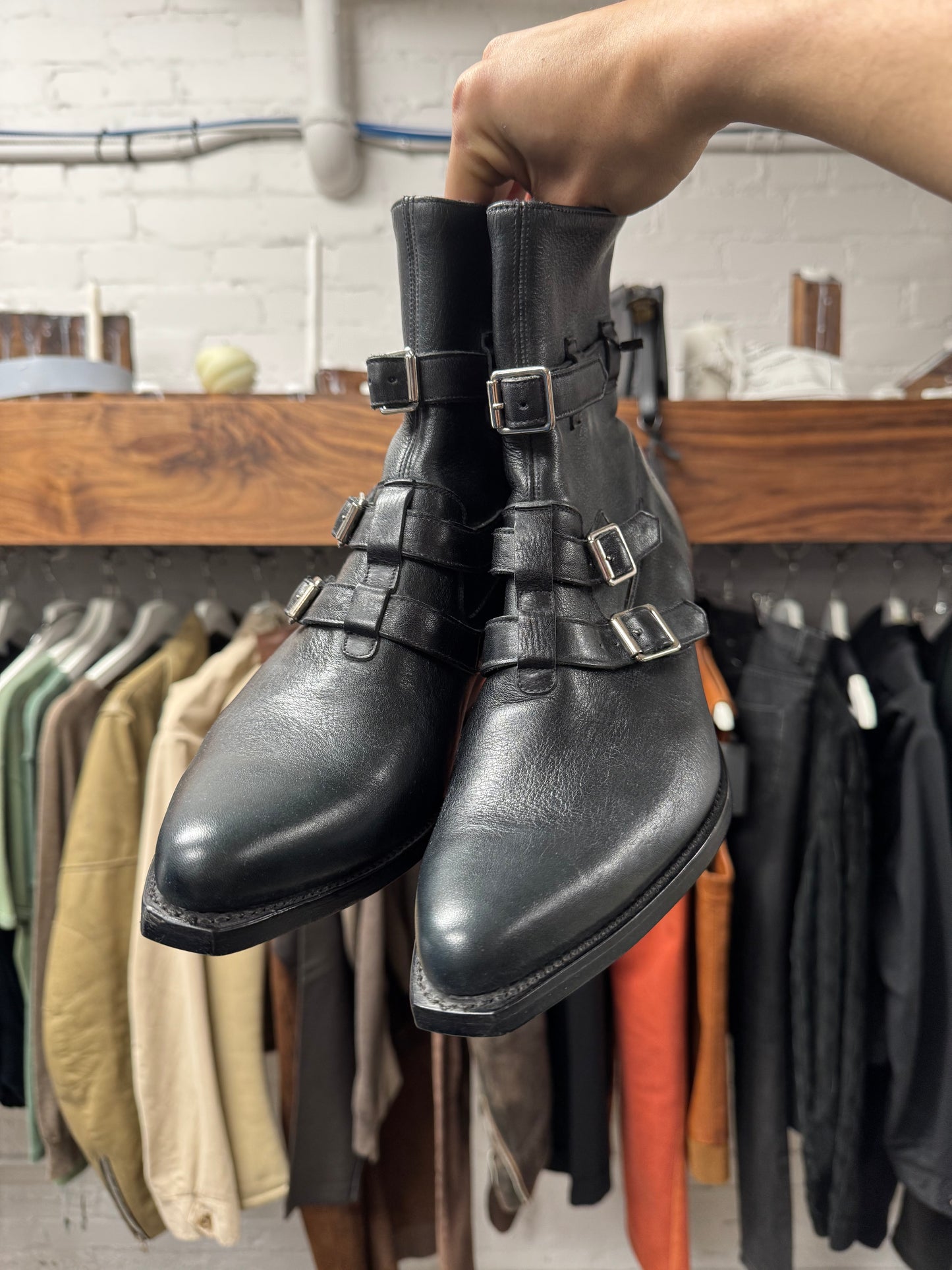 Celine ‘Berlin’ Strap Closure Cuban Heel Calfskin Leather Boots