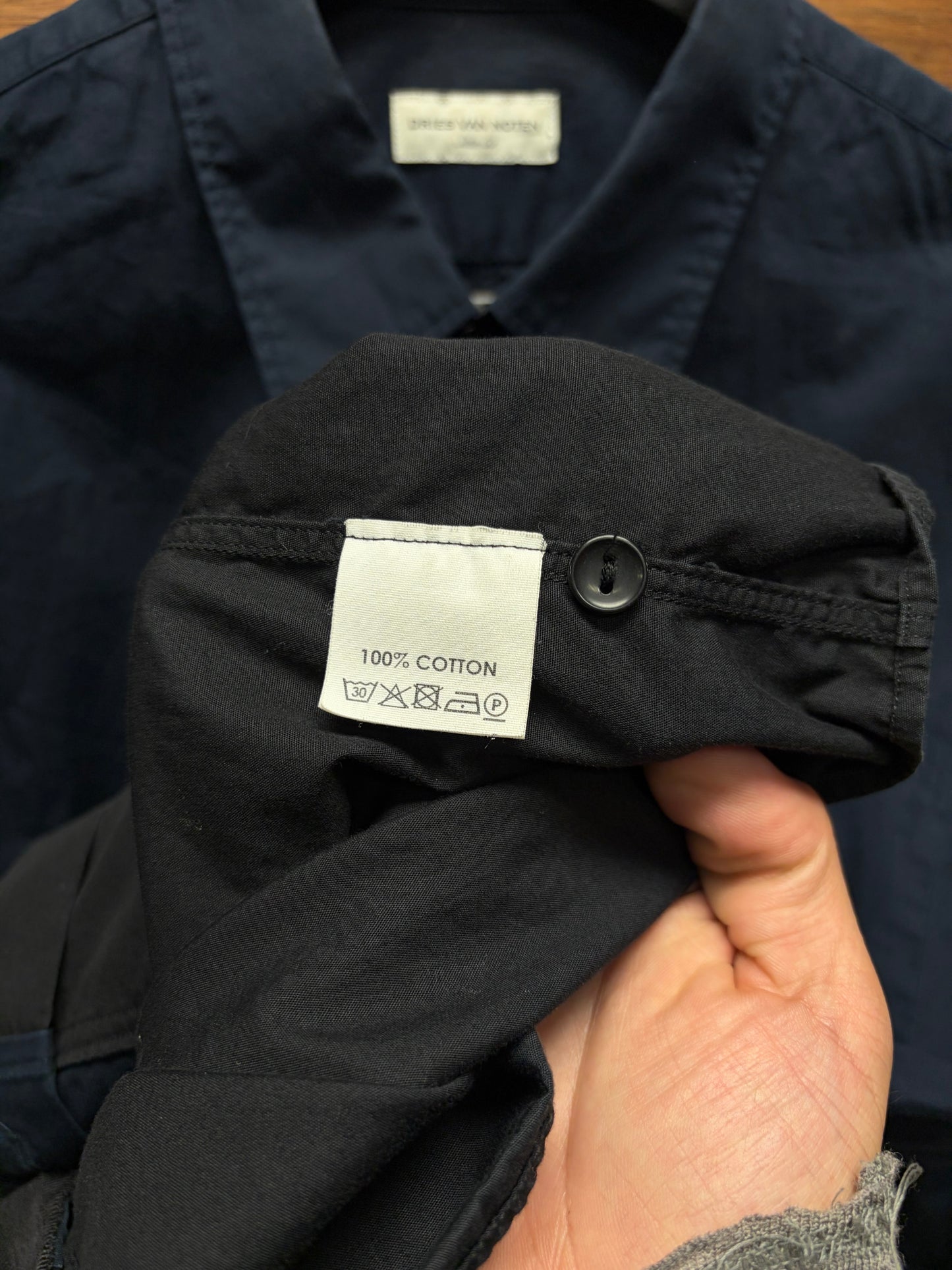 Dries Van Noten Navy Blue Button Up Shirt with Black Bottom Hem