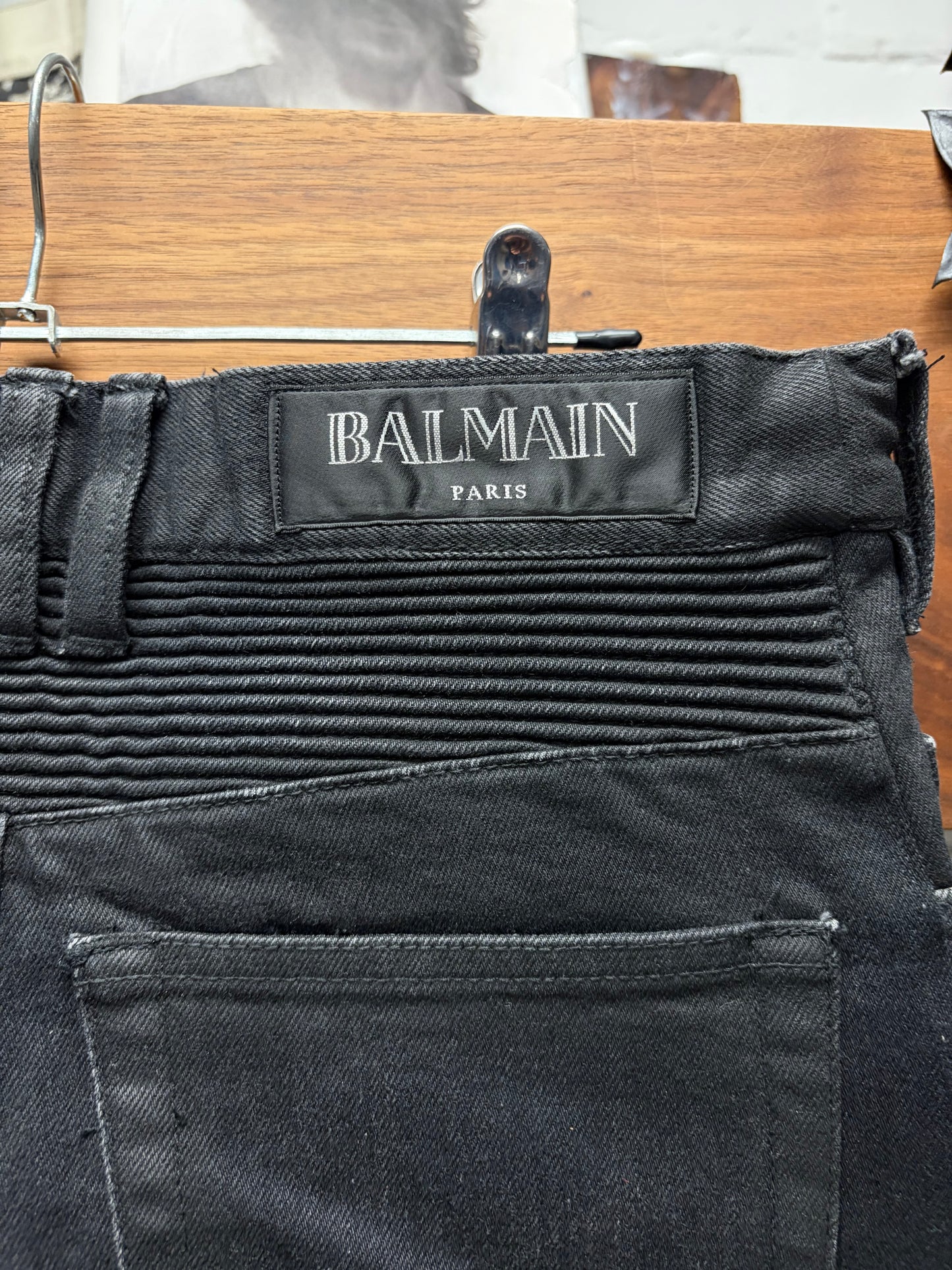 Balmain Waxed Black Skinny Cut Biker Denim