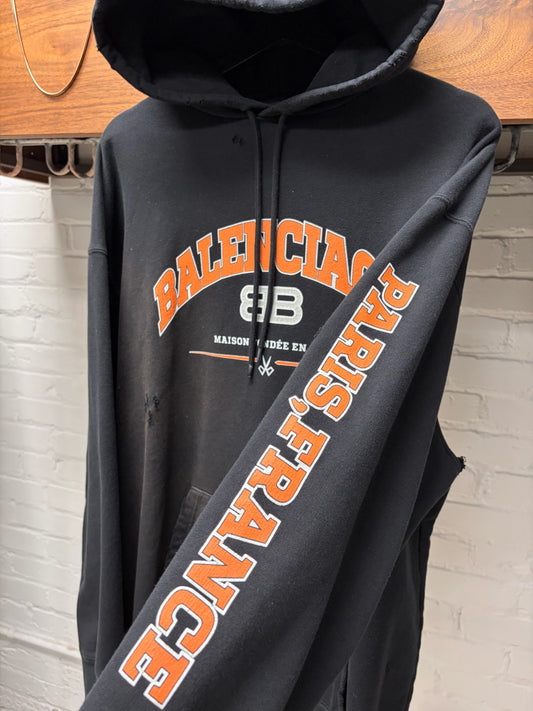 2021 Balenciaga Distressed Cotton ‘Paris’ Black/Orange Logo Hoodie