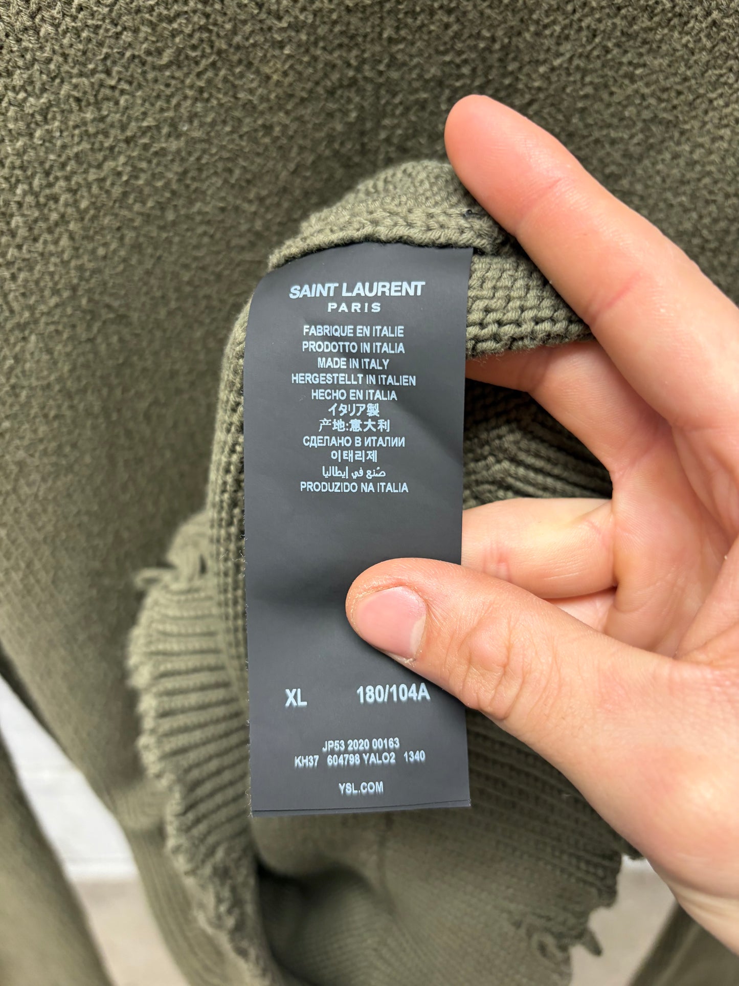 2020 Saint Laurent Distressed Dark Green Wool Knit Sweater